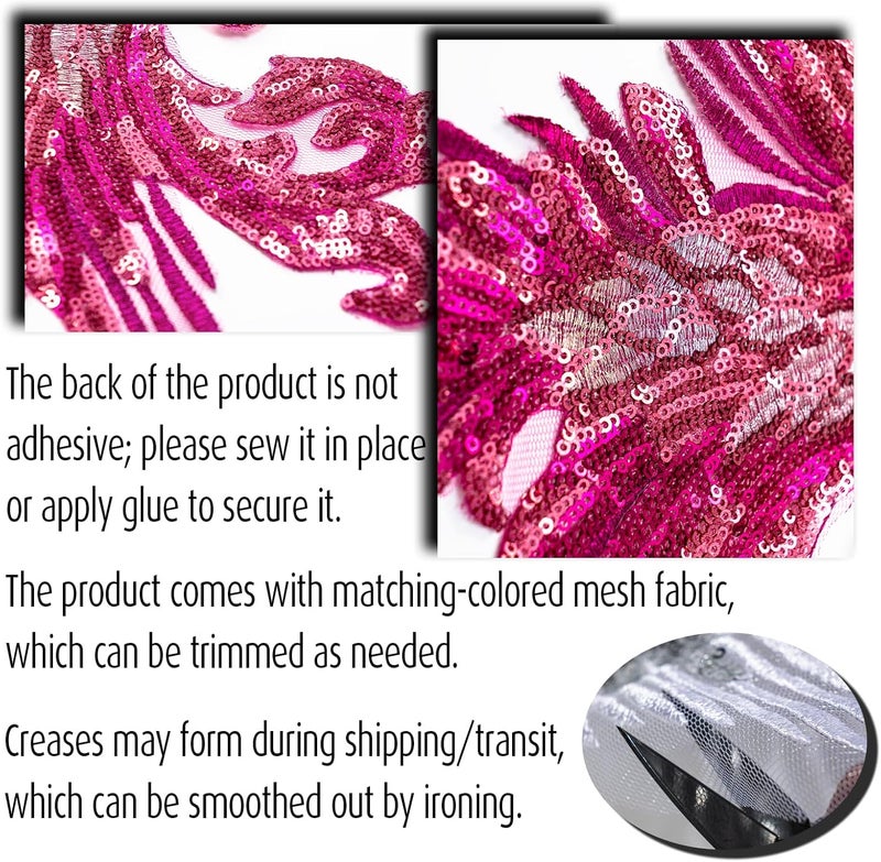 Silvora Pair Embroidery Phoenix Costume Sequin Appliques Patches, Peacock Feather Tail Applique Embellishments for Dance Dresses,Clothes,T-Shirt，Neckline Bodice Pants (Rose red) - Image 5